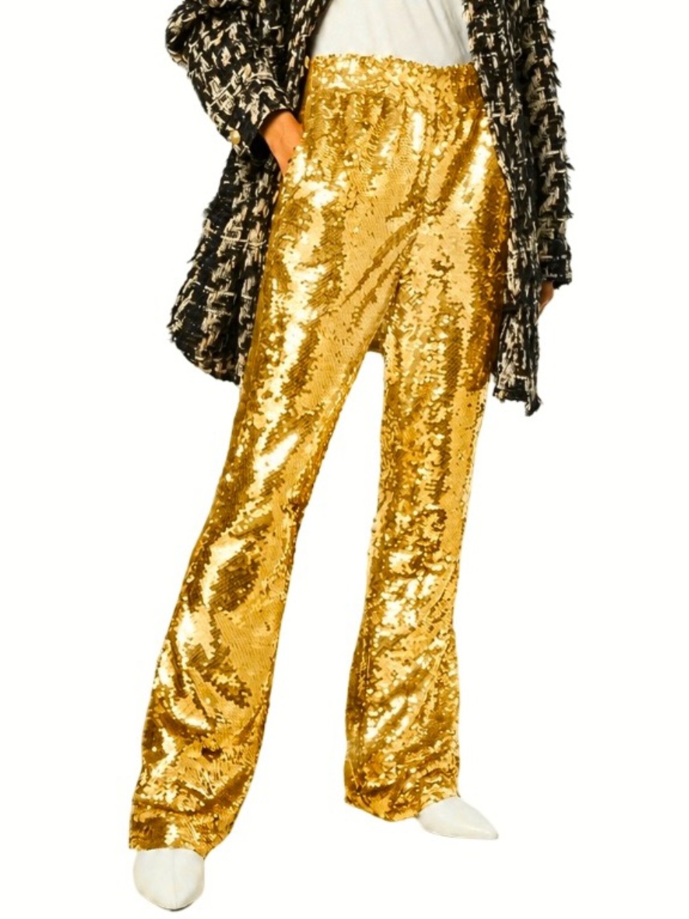 NEW FAITH CONNEXION GOLD SEQUIN FLARE LEG PANTS